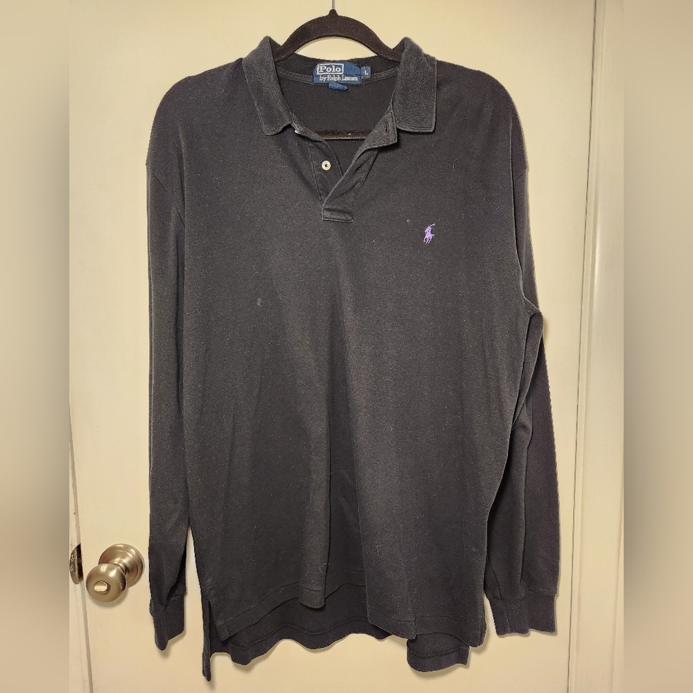 Polo Ralph Lauren Mens Large Long Sleeve 1/4 Button Down Collard Polo Shirt Blk